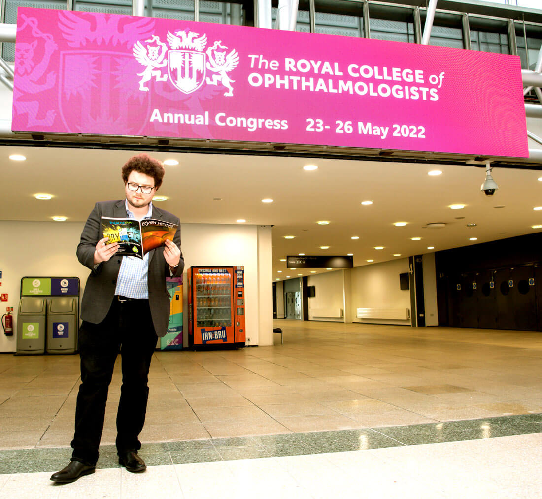 Photo of the entrance to the RCOphth Annual Congress 2022 in Glasow with Eye News Editorial Coordinator Chris Henson.