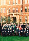 Photo of Mike Sanders surrounded by neurologists, neuro-radiologists, ophthalmic surgeons, medical ophthalmologists, and vision scientists from the UK, Europe, and North America to mark his Festschrift Day in 1999.