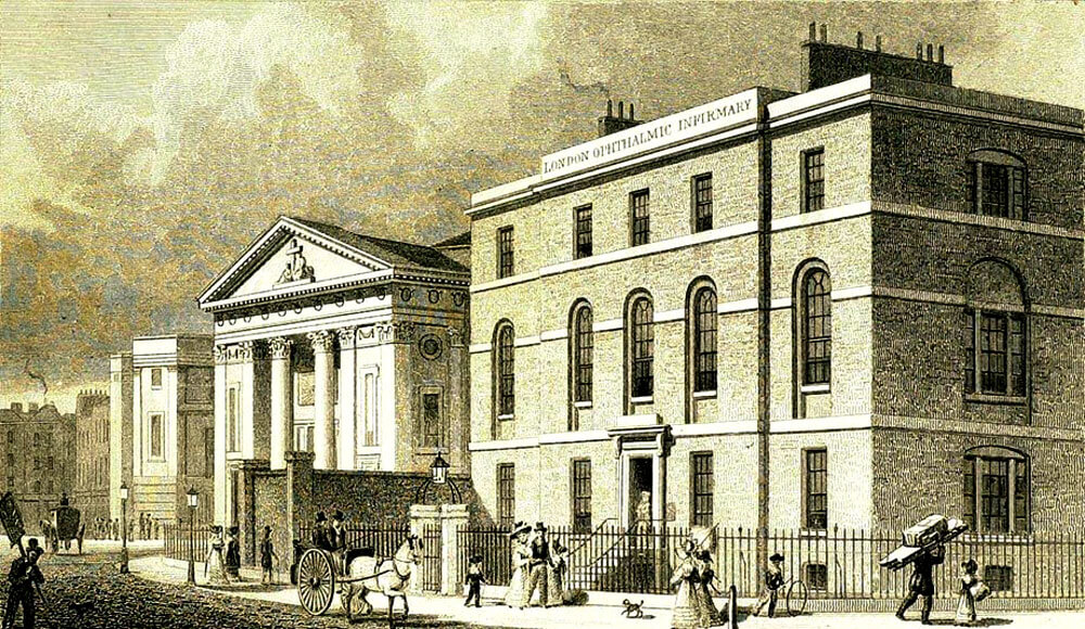Antique line engraving of London Ophthalmic Infirmary at Finsbury (Moorfields Eye Hospital).