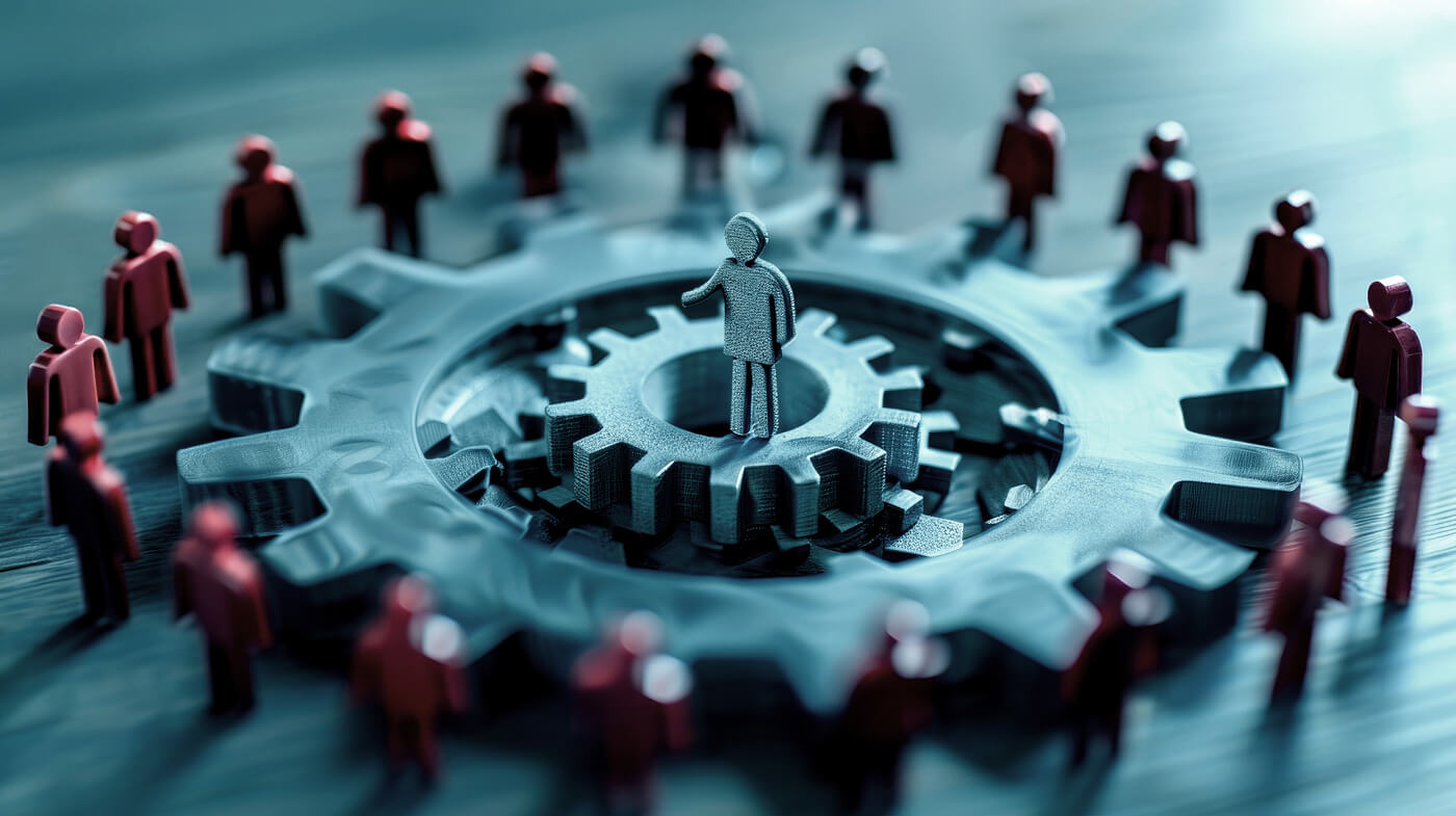 AI image showing human figures and cog machine. 